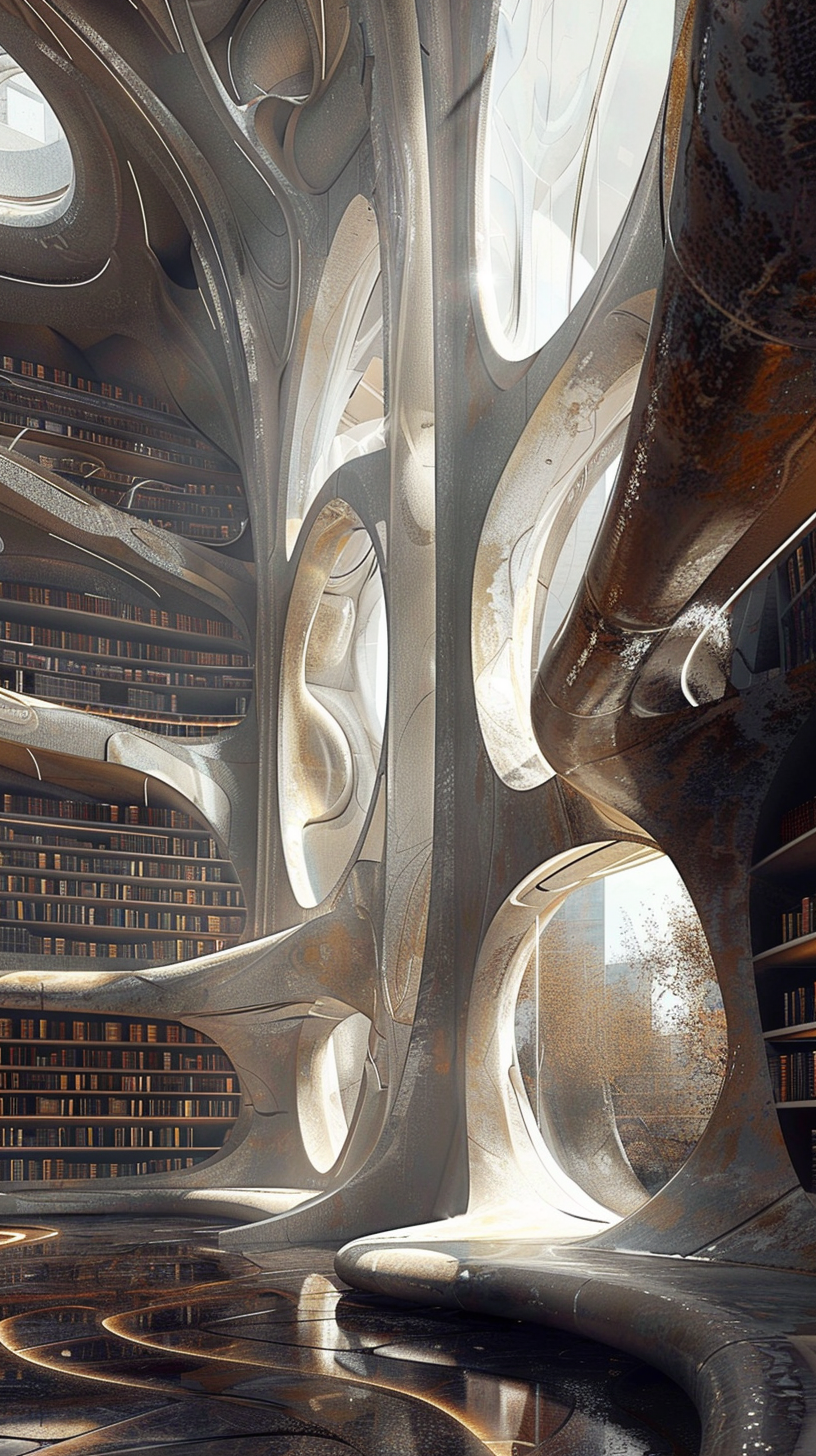 Modern fantasy library, luxury shape, hyper realistic, organic structures.