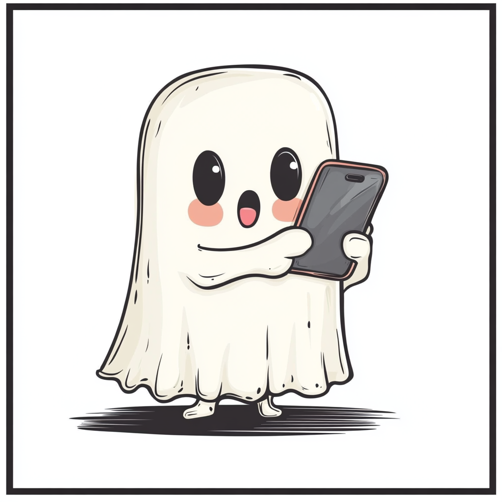 Modern flat design of cute ghost with smartphone illustration.