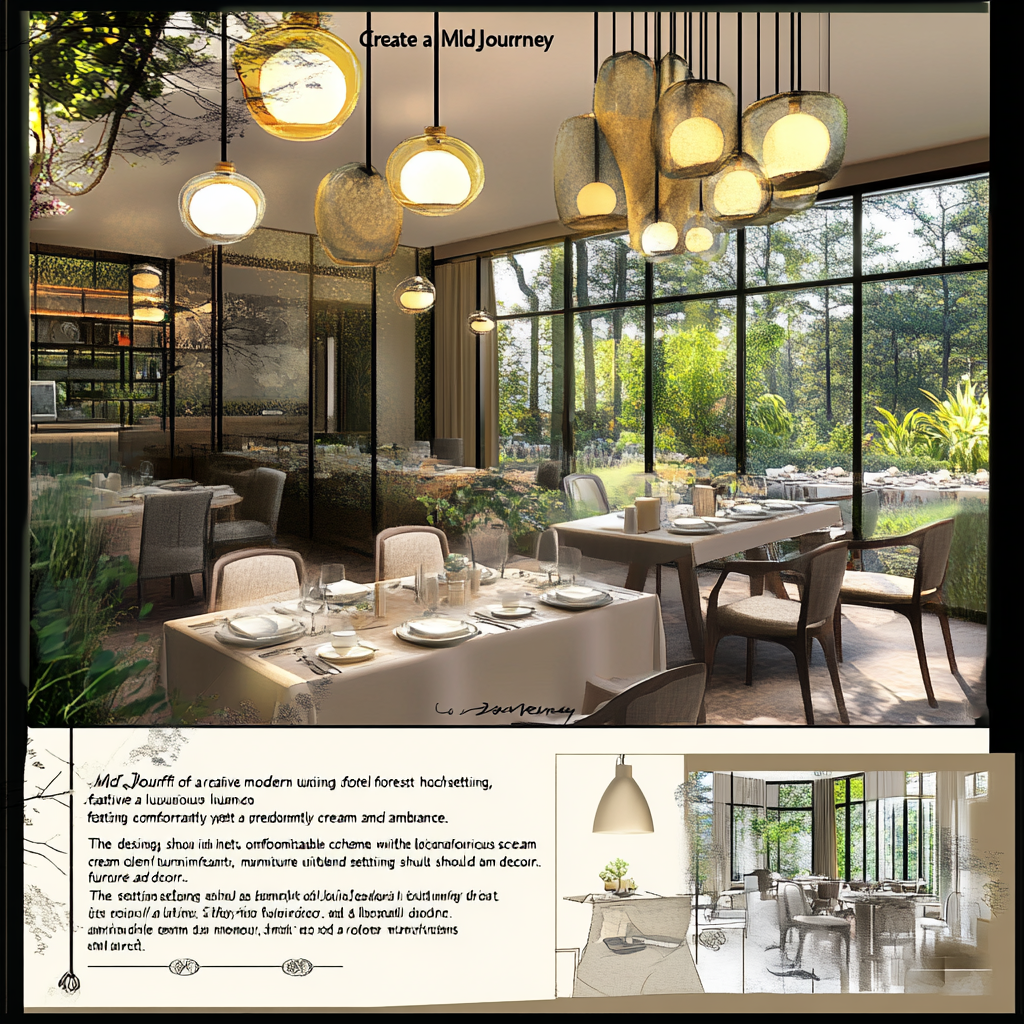 Modern forest hotel lunch with cream-colored elegant ambiance.