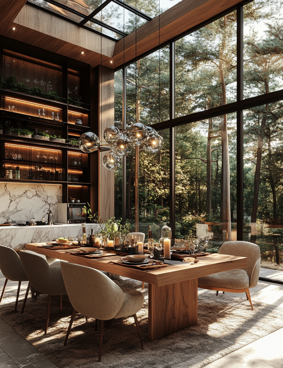 Modern forest kitchen with marble and wood living room.