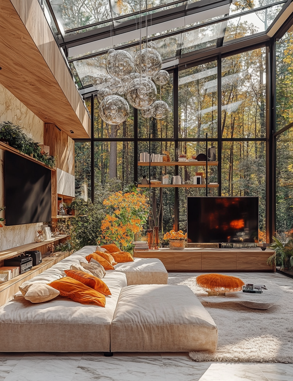 Modern forest living room with luxury materials and natural light.