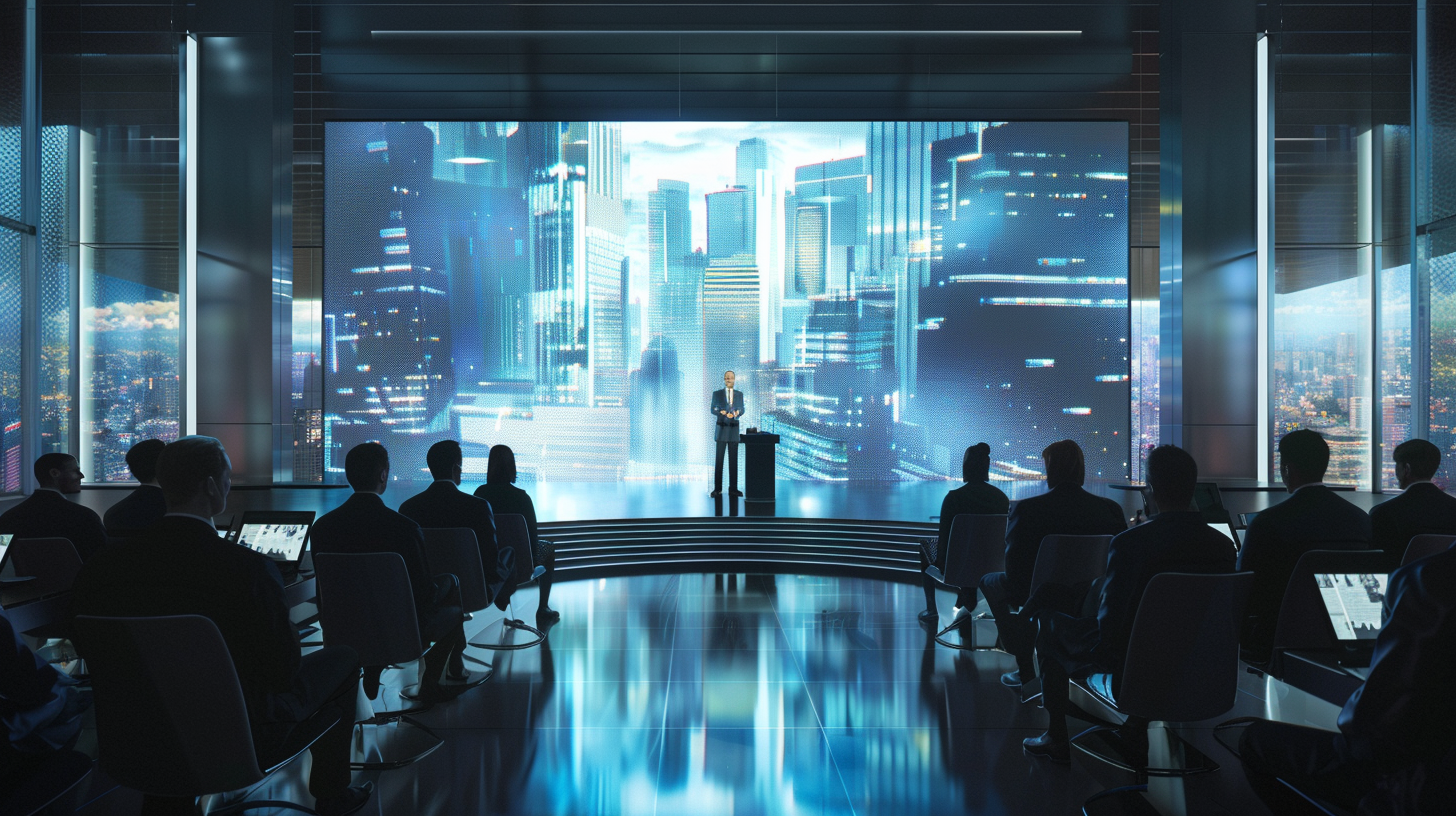 Modern futuristic courtroom with digital lectern and cityscape view.