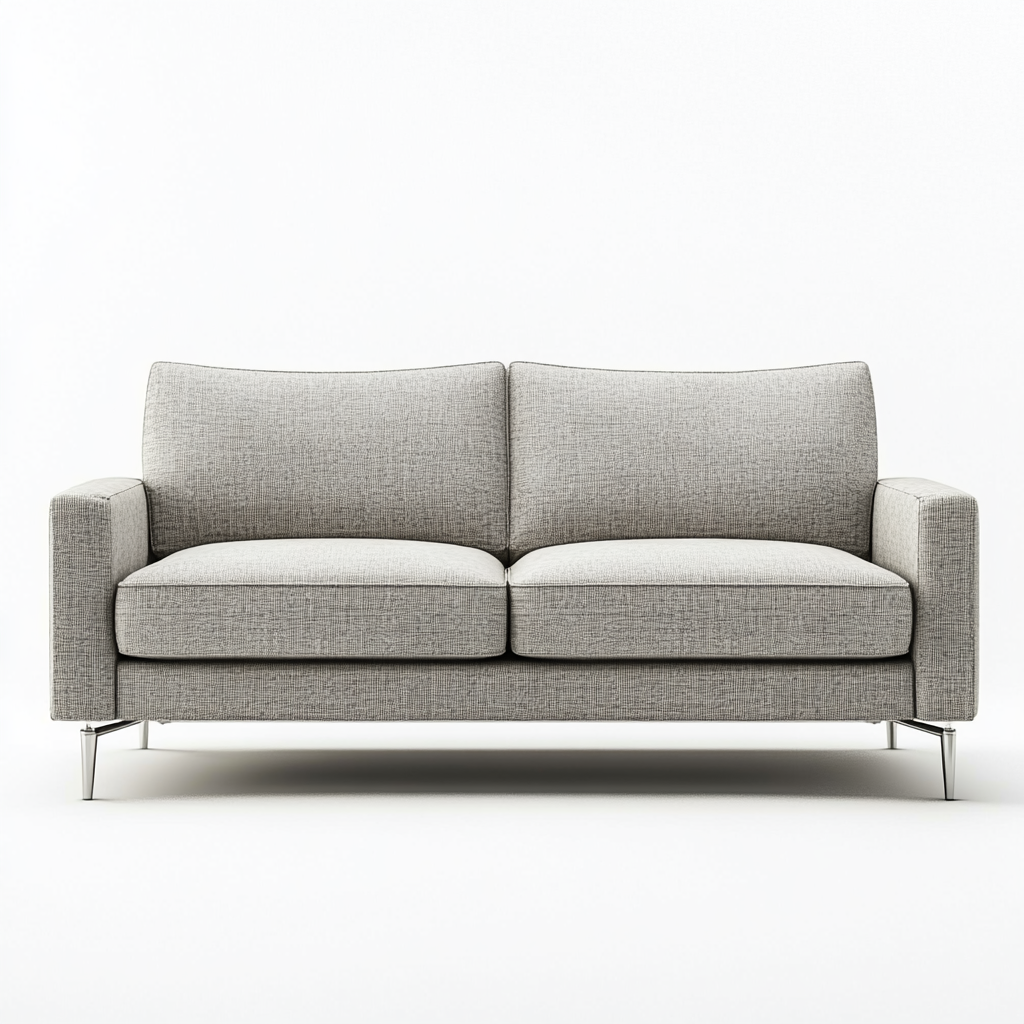 Modern gray sofa with metal legs, white background, high quality resolution.