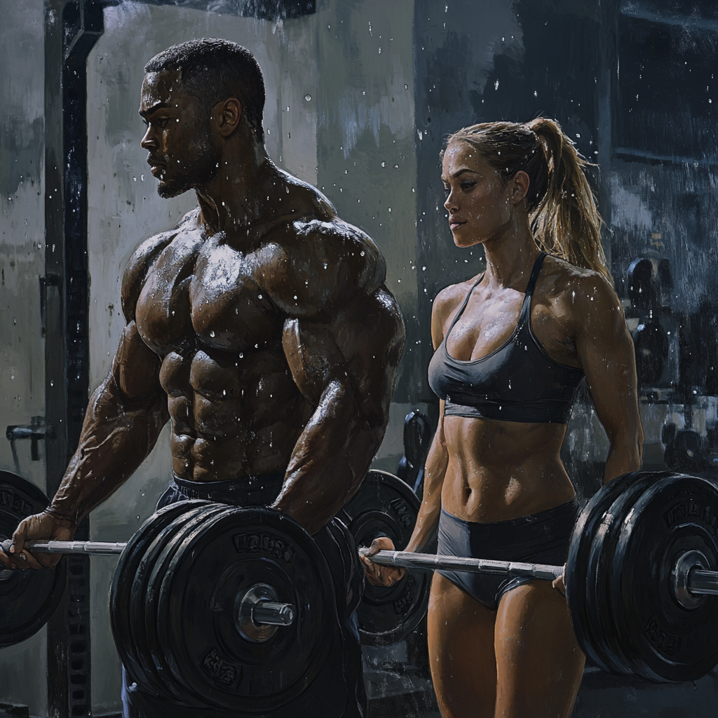 Modern gym scene with man and woman lifting barbell.