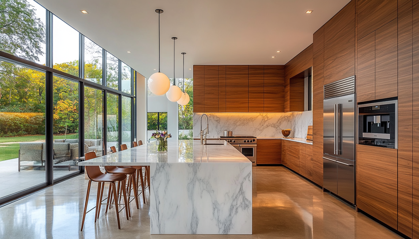 Modern kitchen island with marble countertop, wood cabinetry 