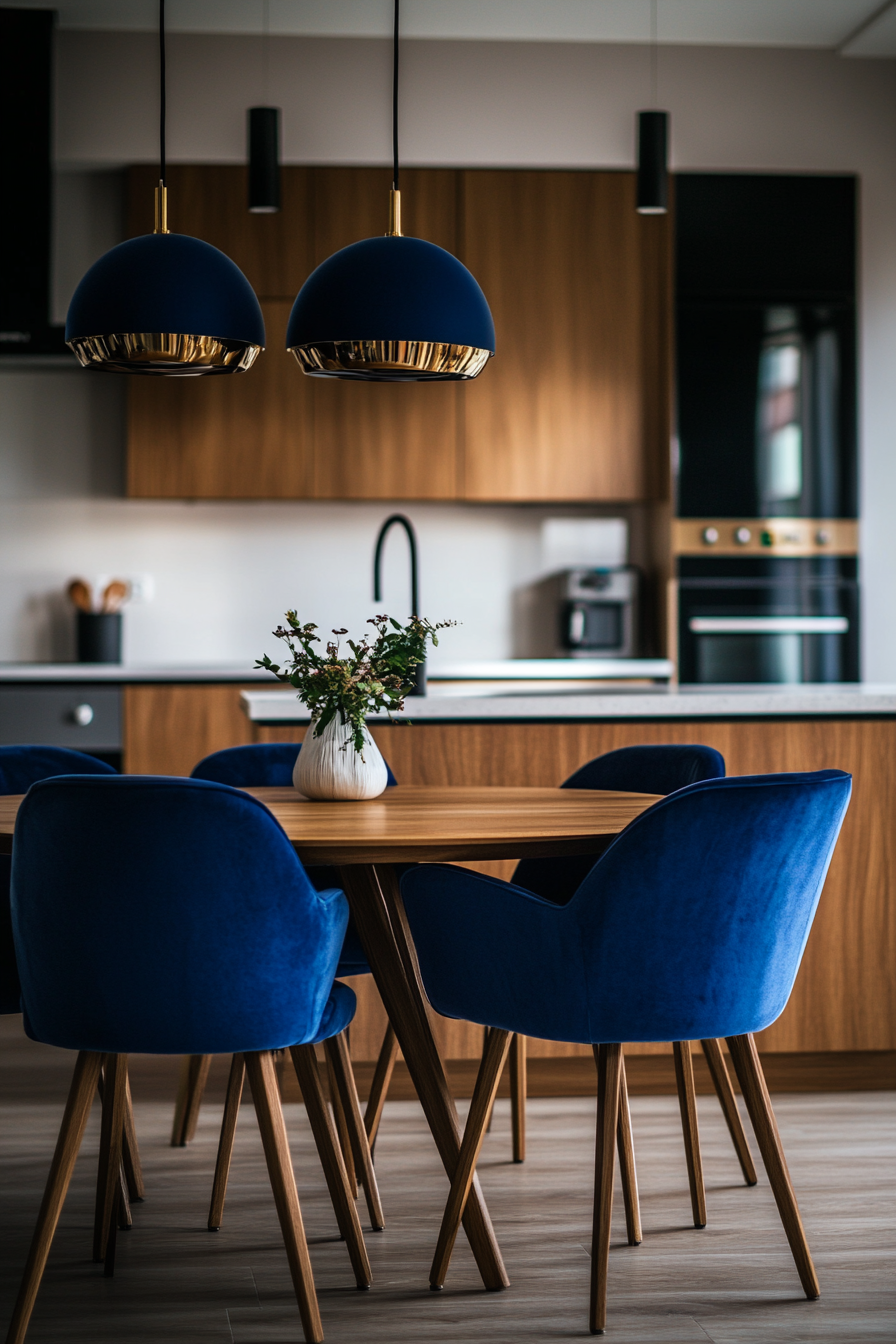 Modern kitchen with dark velvet chairs, stylish interior design.