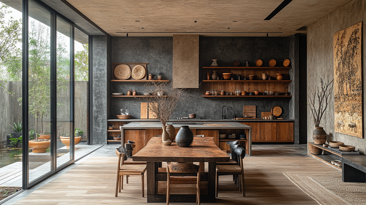 Modern kitchen with dining area, decorative shelves and vases.