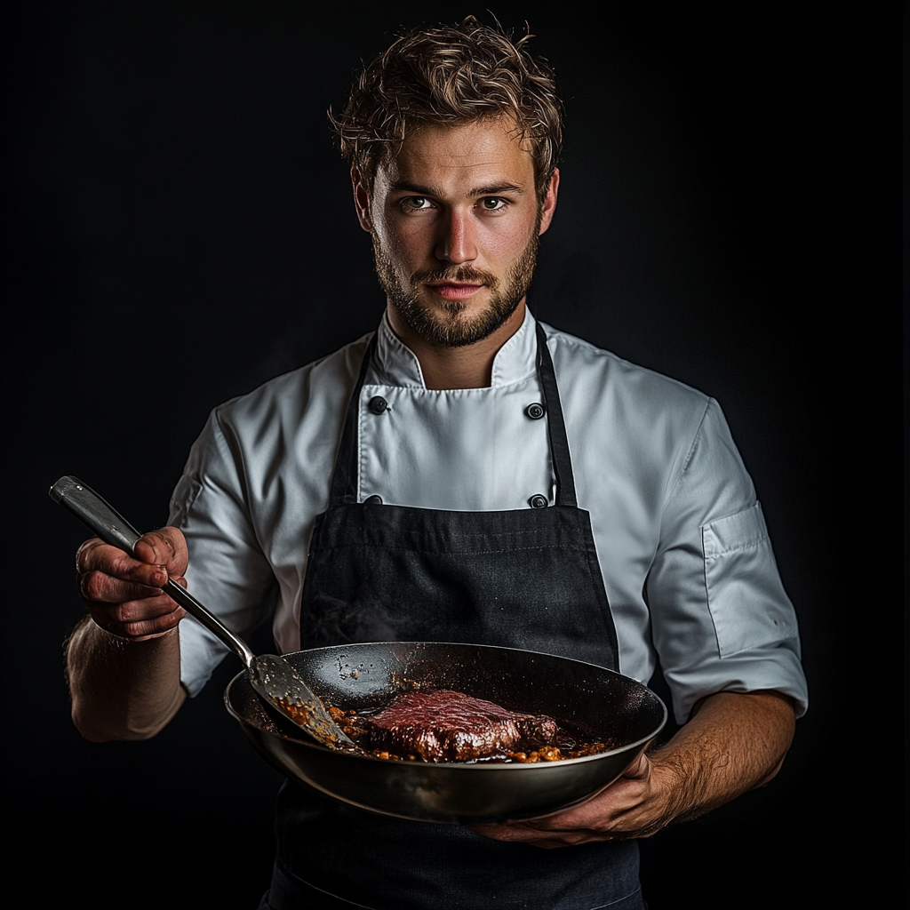 Modern kitchen with young man cooking steak