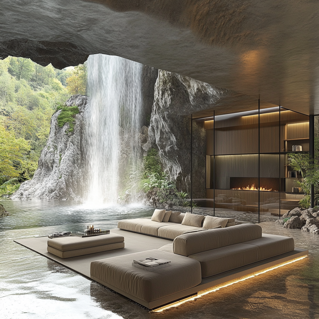 Modern living room in mansion under waterfall view