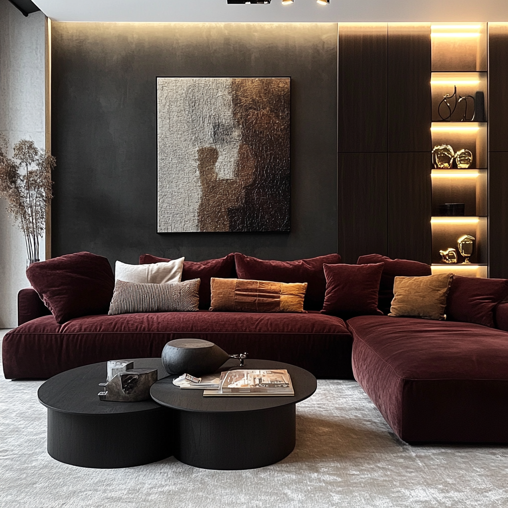 Modern living room with dark oak coffee tables.