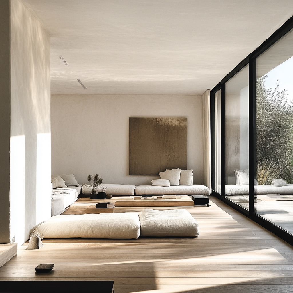 Modern living room with light wood and big windows.