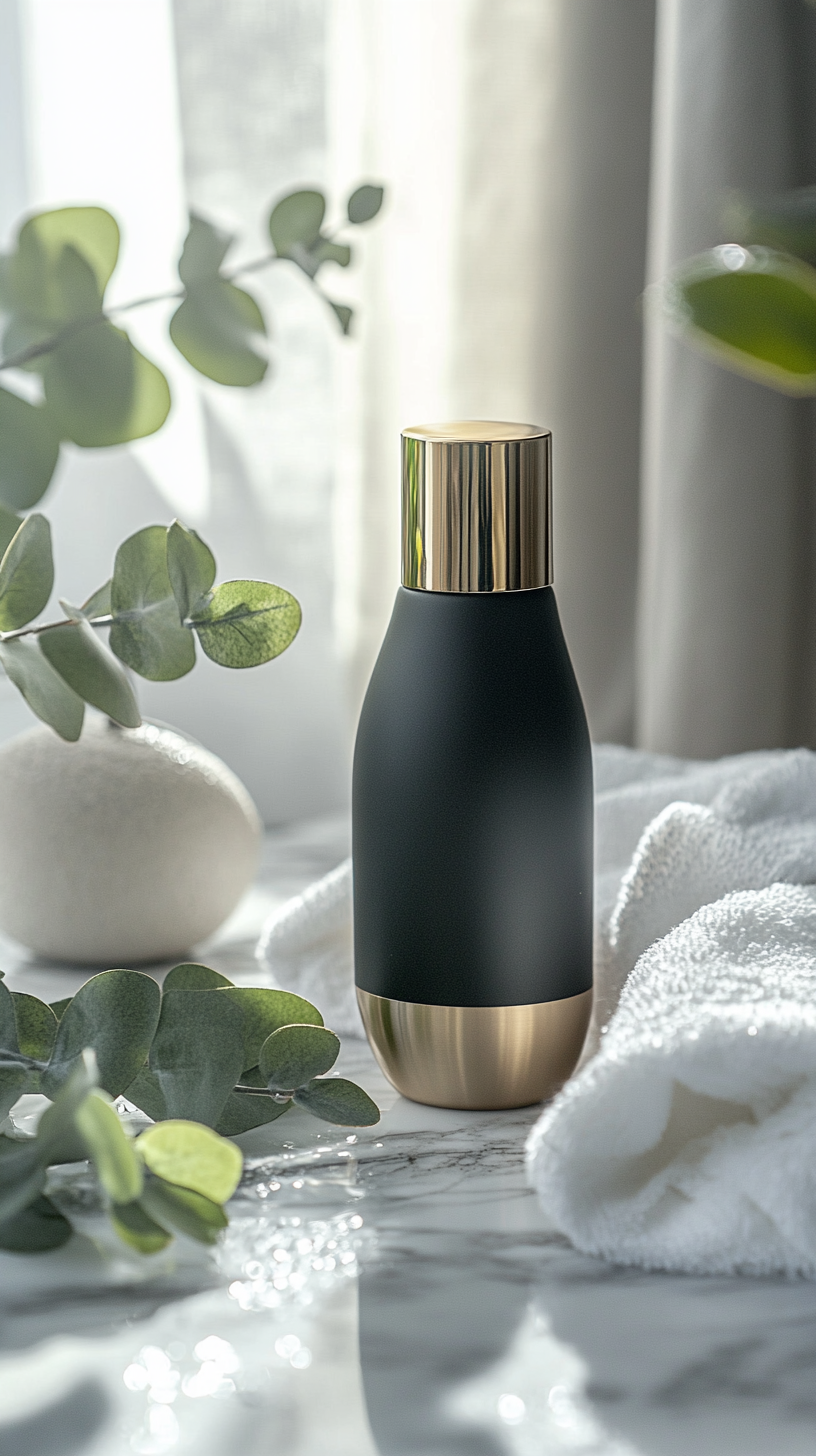 Modern luxurious shampoo bottle on marble countertop with towels.