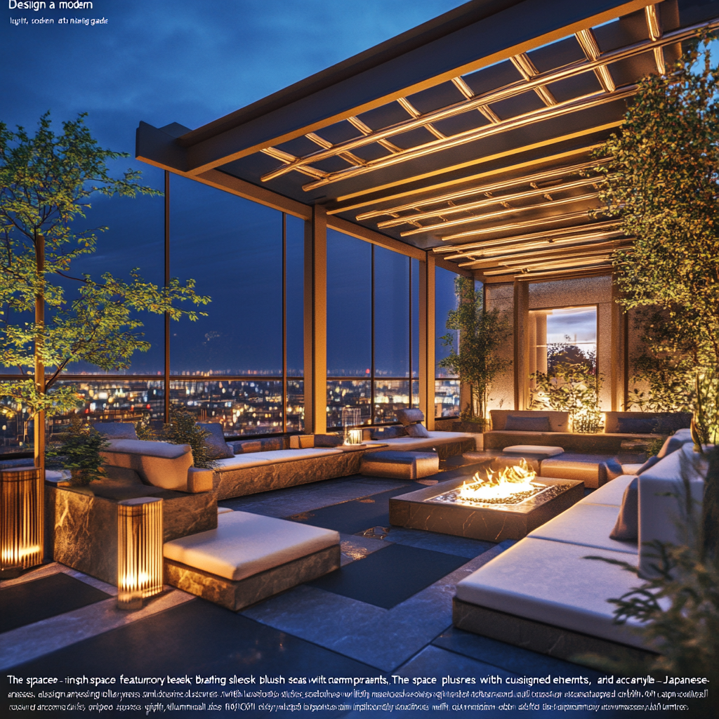 Modern luxury rooftop garden with Japanese-inspired elements at night.