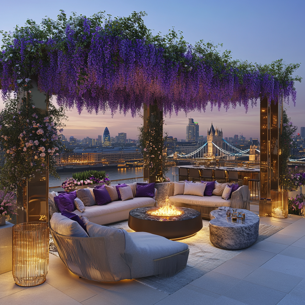 Modern luxury rooftop garden with London view & Tower Bridge.