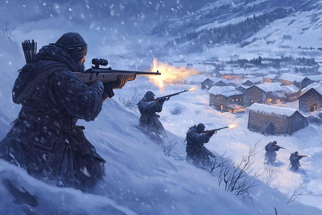 Modern mercenary captain hunting bandits in winter village.