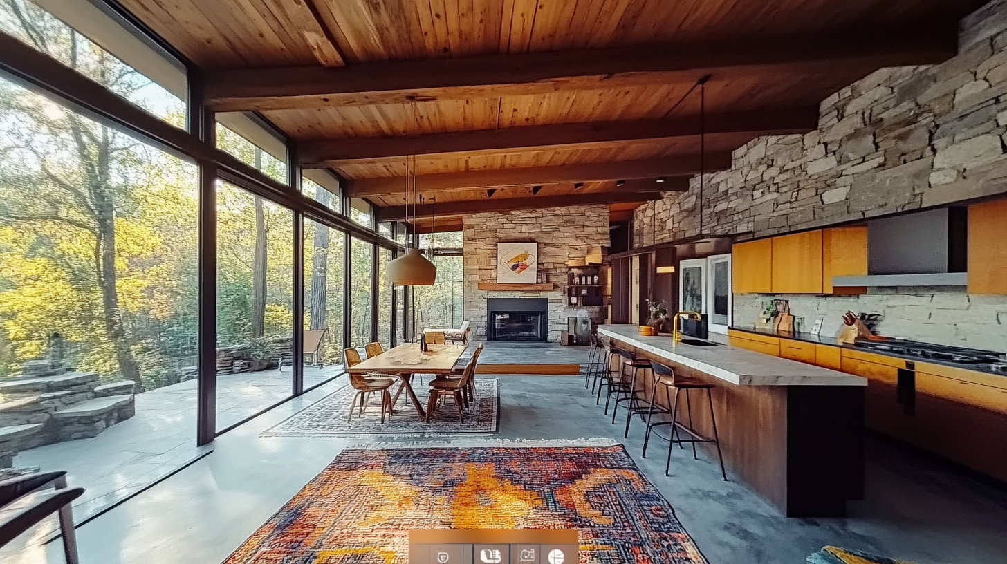 Modern mid-century cabin with open layout and large windows.