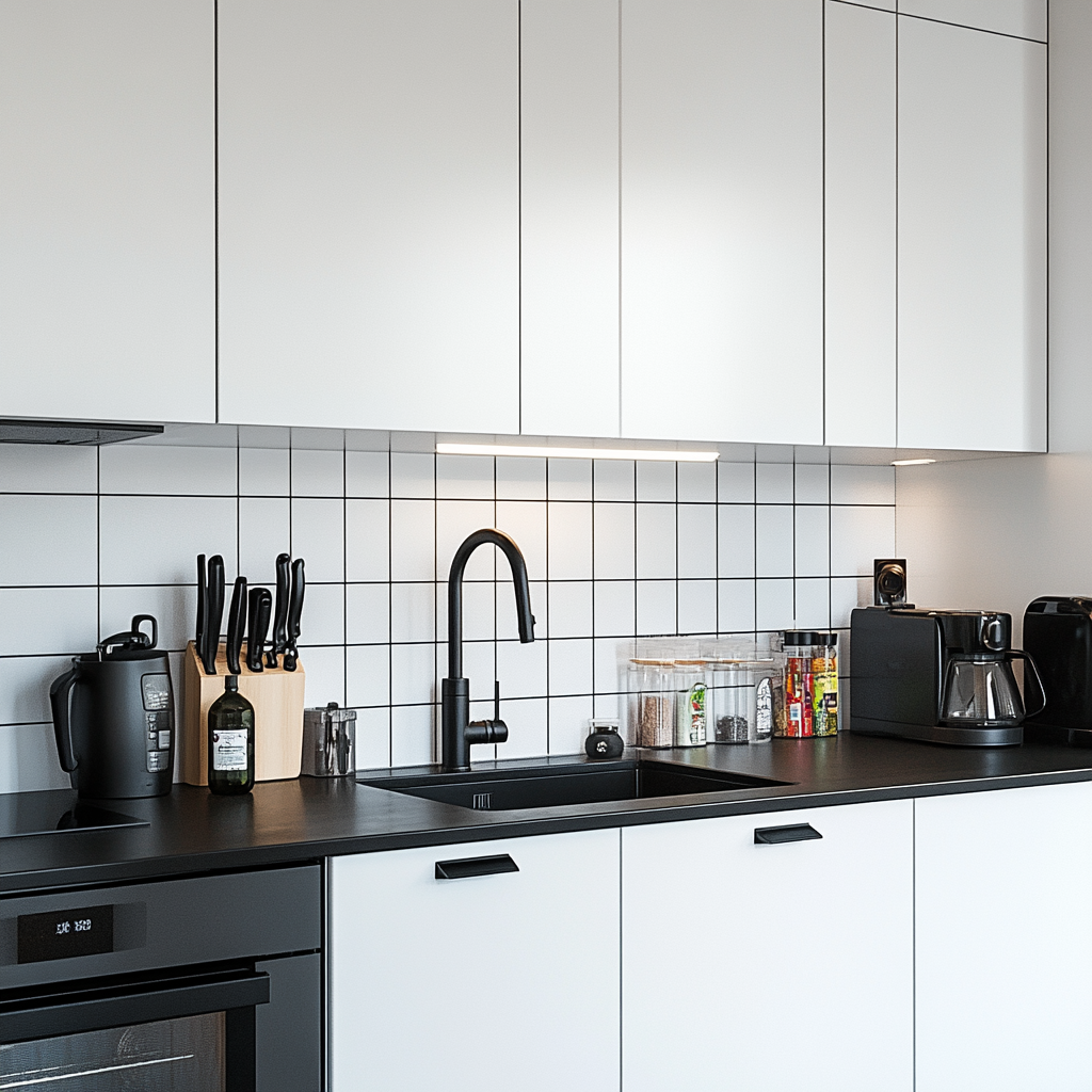 Modern minimalist kitchen with black and white design