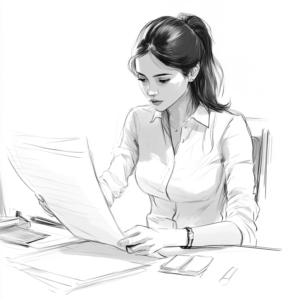 Modern office girl surprised holding long paper sketch.