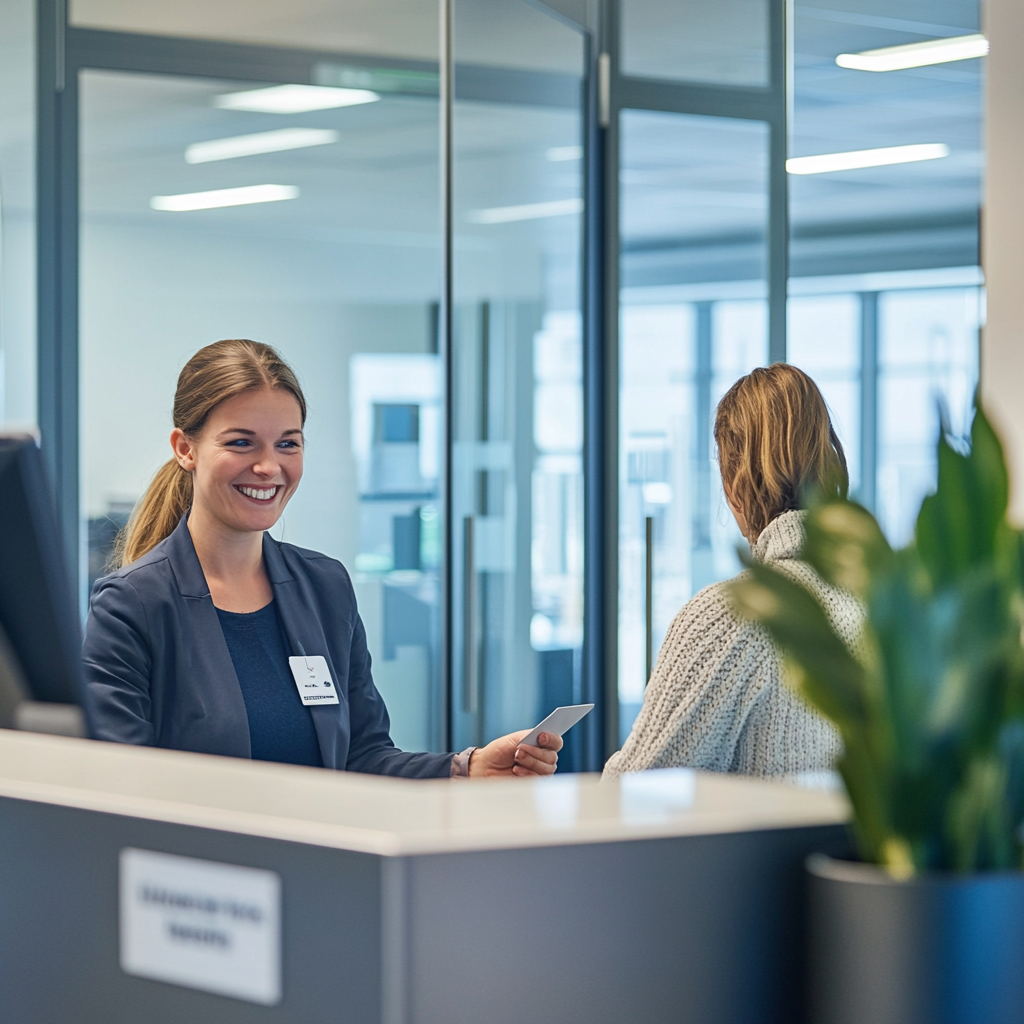 Modern office lobby scene with friendly receptionist welcoming guests.