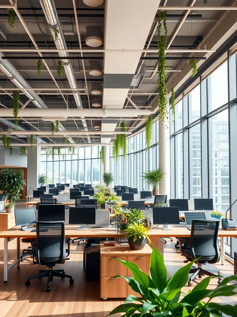 Modern office space with natural light and plants