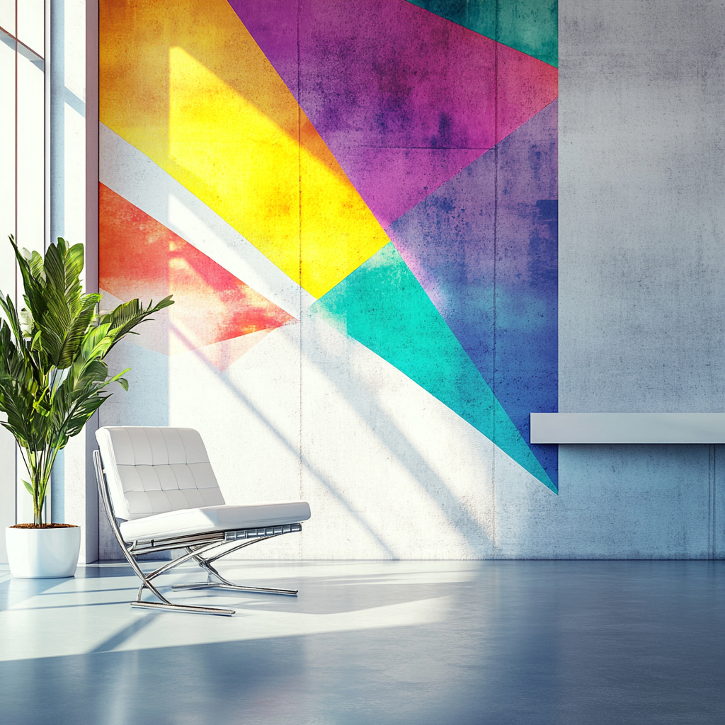 Modern office with geometric vinyl print and sleek chair.