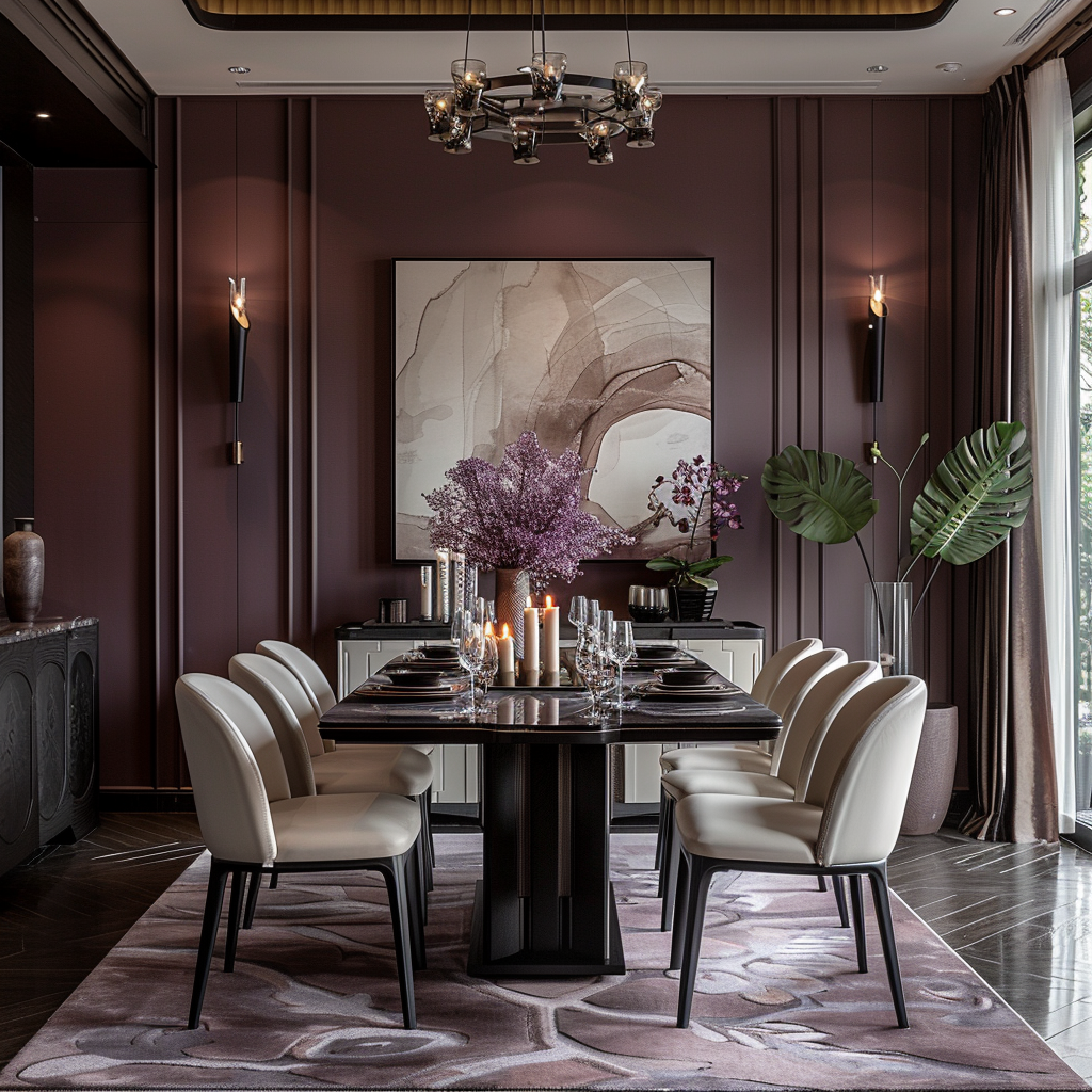 Modern organic dining room with cream chairs and art.