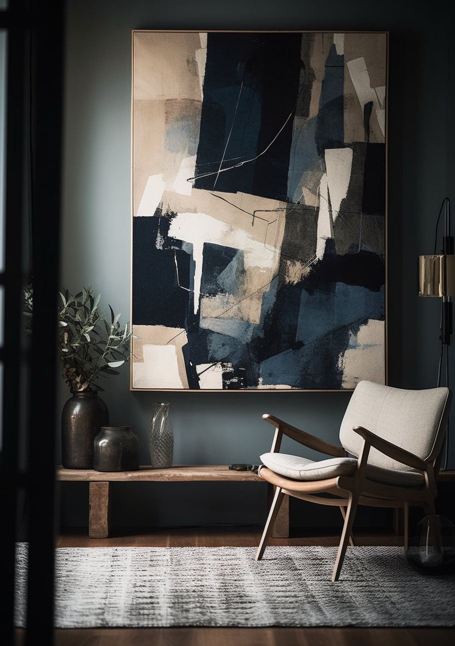 Modern painting with dark blue and beige colors and white.