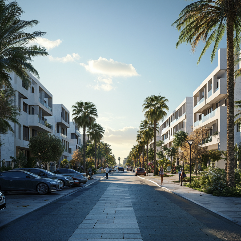 Modern park-street in southern Europea, a few cars parked