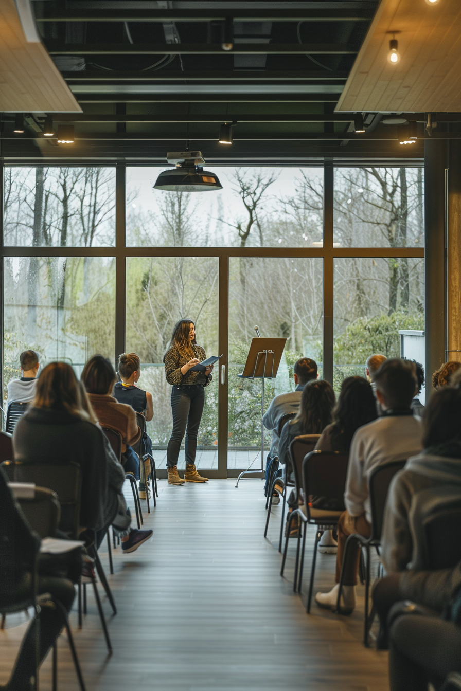 Modern public speaking workshop with participant delivering speech.