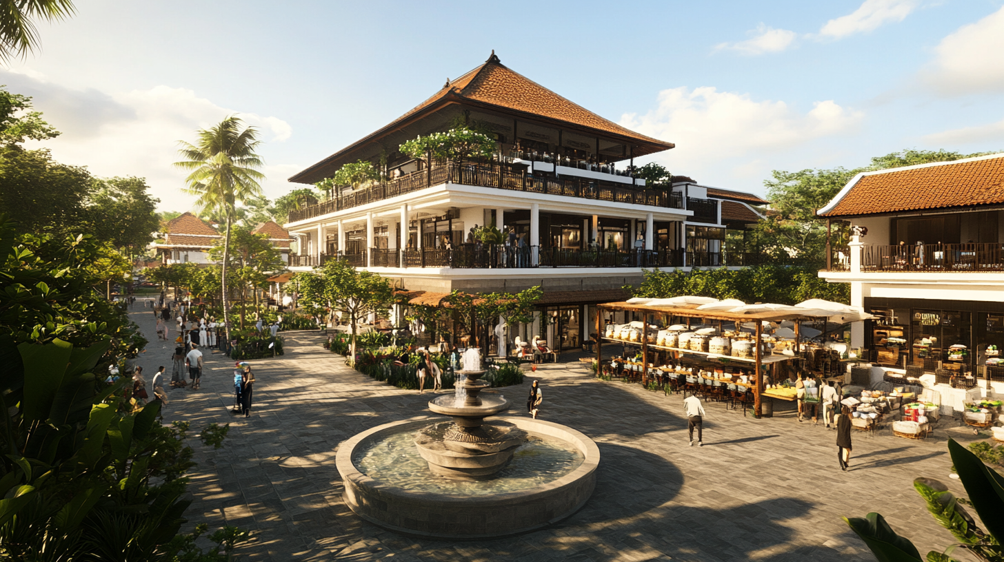 Modern retail building with balcony, terrace walkway, visitors