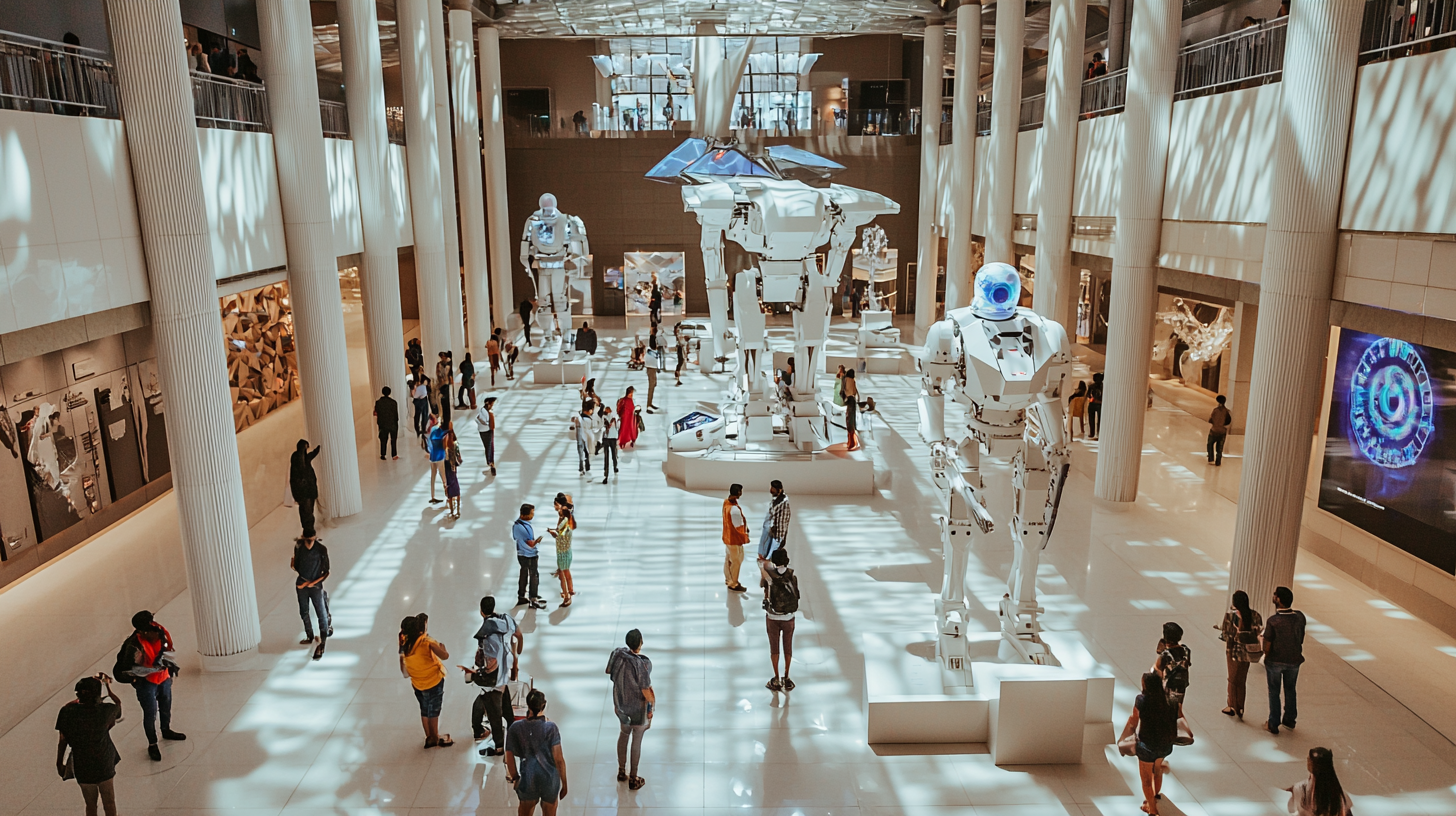 Modern science museum with Indian people observing holograms.