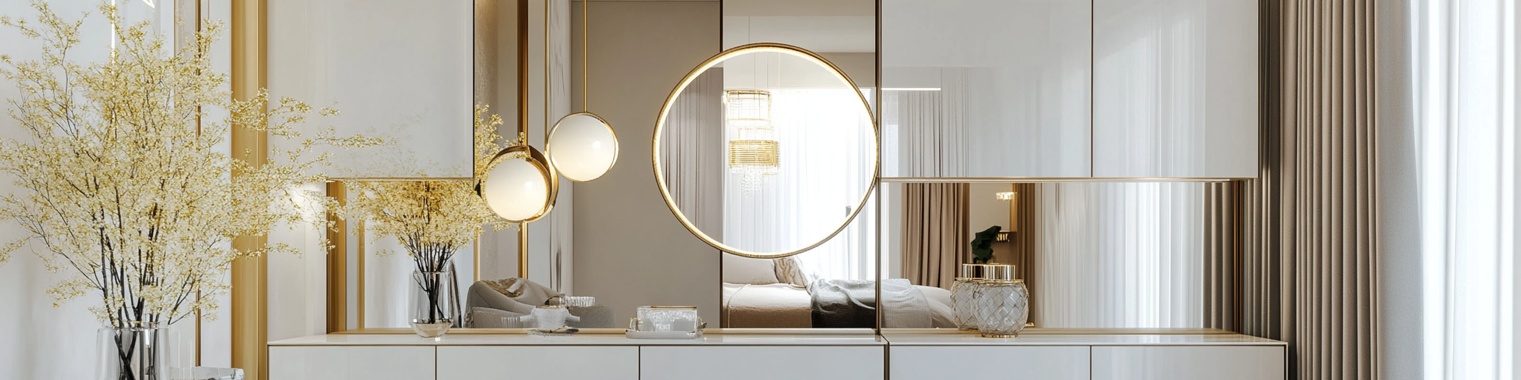 Modern sliding wardrobe with mirror design, white and gold interior.