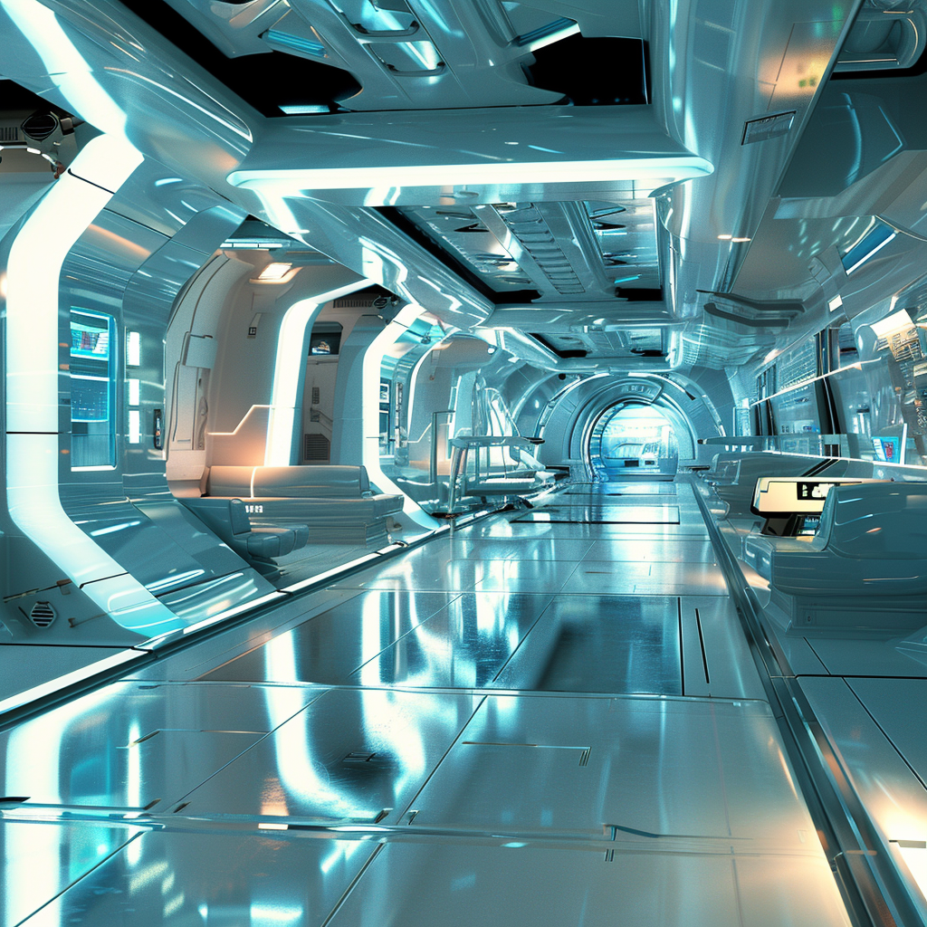 Modern space station interior with advanced technology integration.