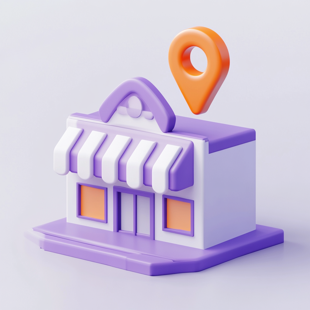 Modern storefront icon with orange map pin above.