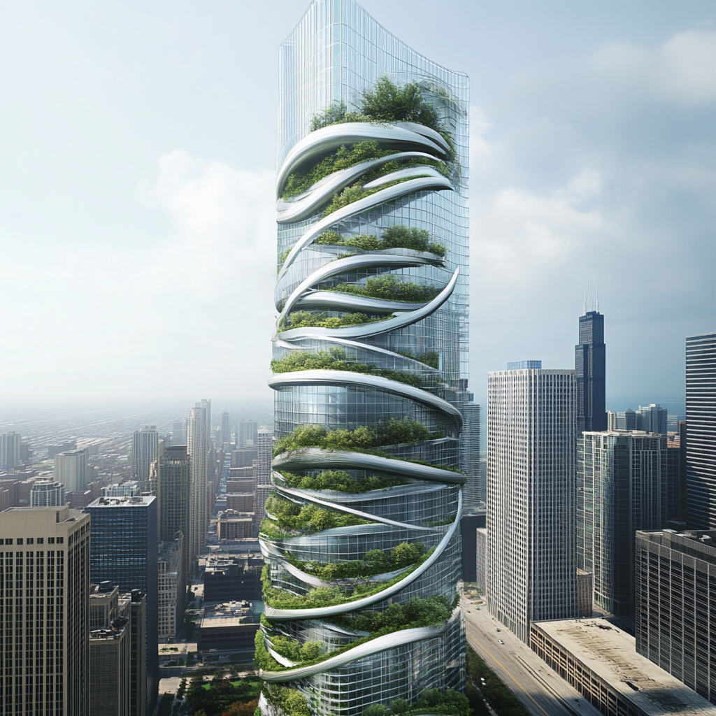 Modern tower with reflective glass, organic forms, green terraces.