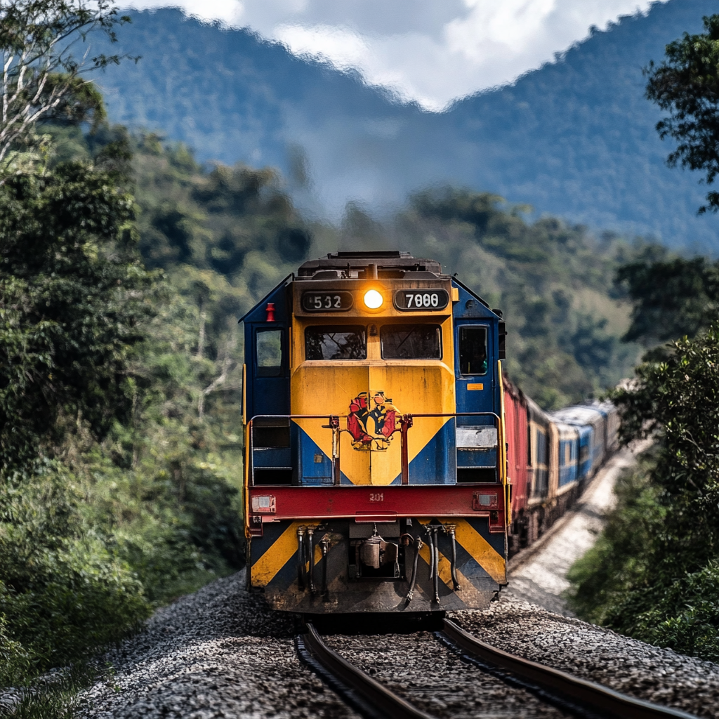 Modern train in Latin America, colorful front view.