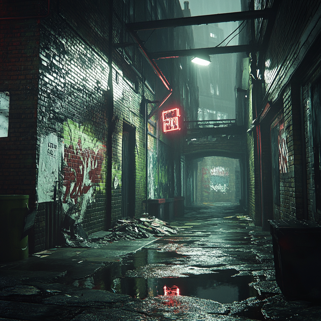 Modern urban horror game concept art in London alley.