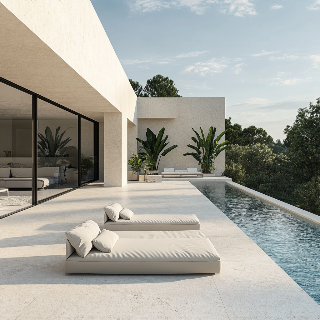 Modern villa garden terrace with cream resin floor pool.