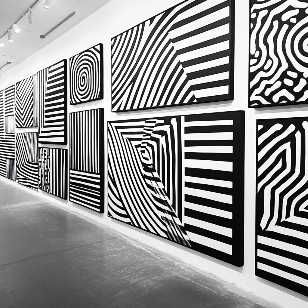 Modern wall with bold geometric abstract paintings.