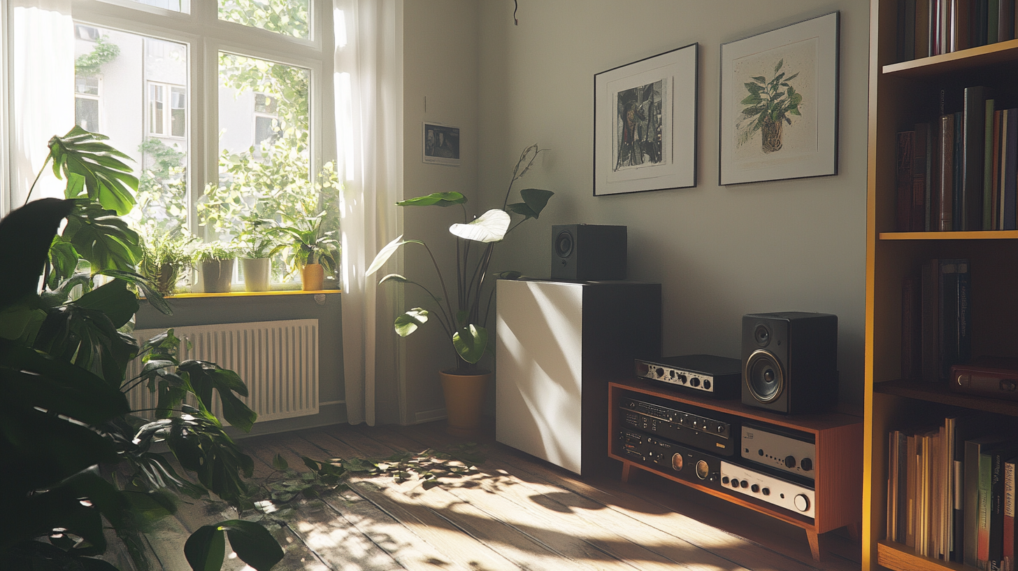 Modernist apartment room with sound system and plants.