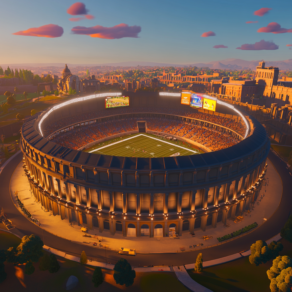 Modernized Roman colosseum, digital fans watch virtually, electronic billboards.