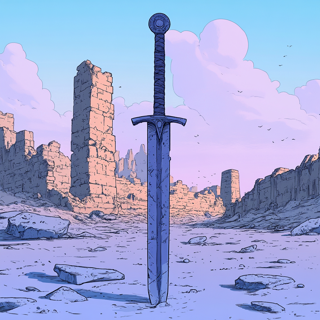 Moebius Artstyle Sword and Ruins Cartoon Illustration