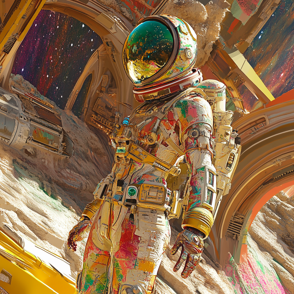 Moebius-inspired alien explorer in vibrant, surreal space environment