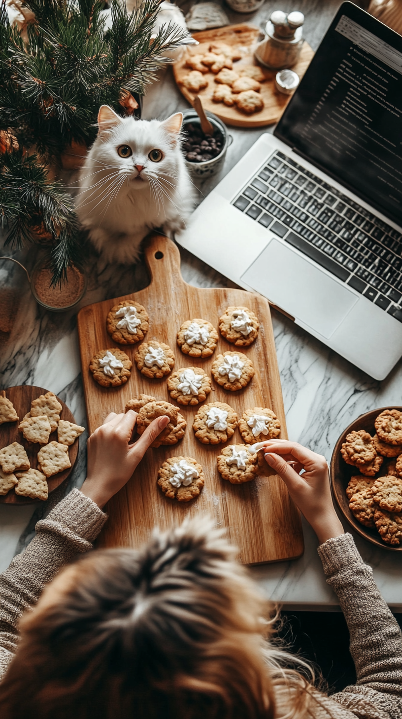 Mom and daughter baking cookies with cat watching