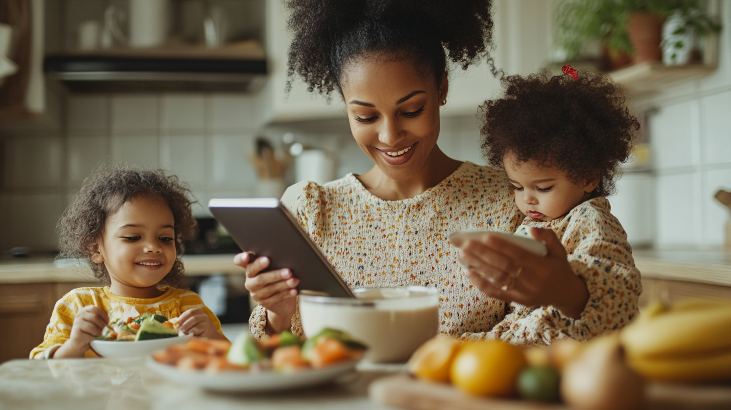 Mom in modern kitchen makes healthy breakfast with kids.