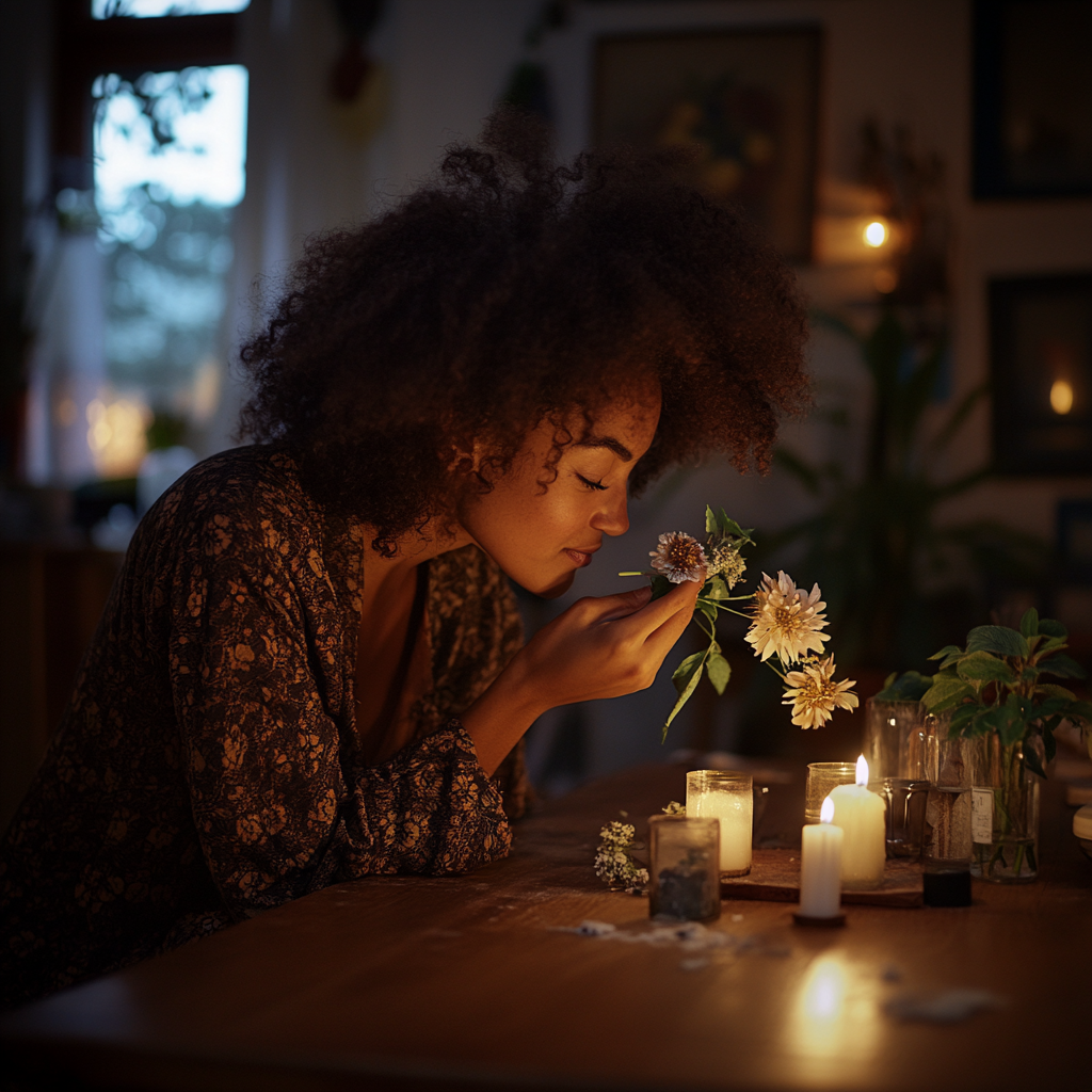 Mom smelling winter flower in elegant home