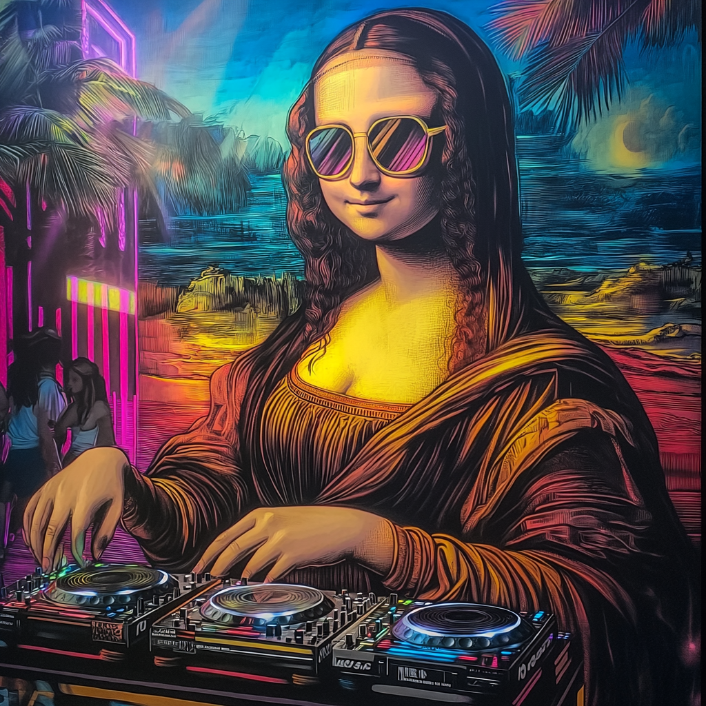 Mona Lisa at Miami Beach club dancing happily.