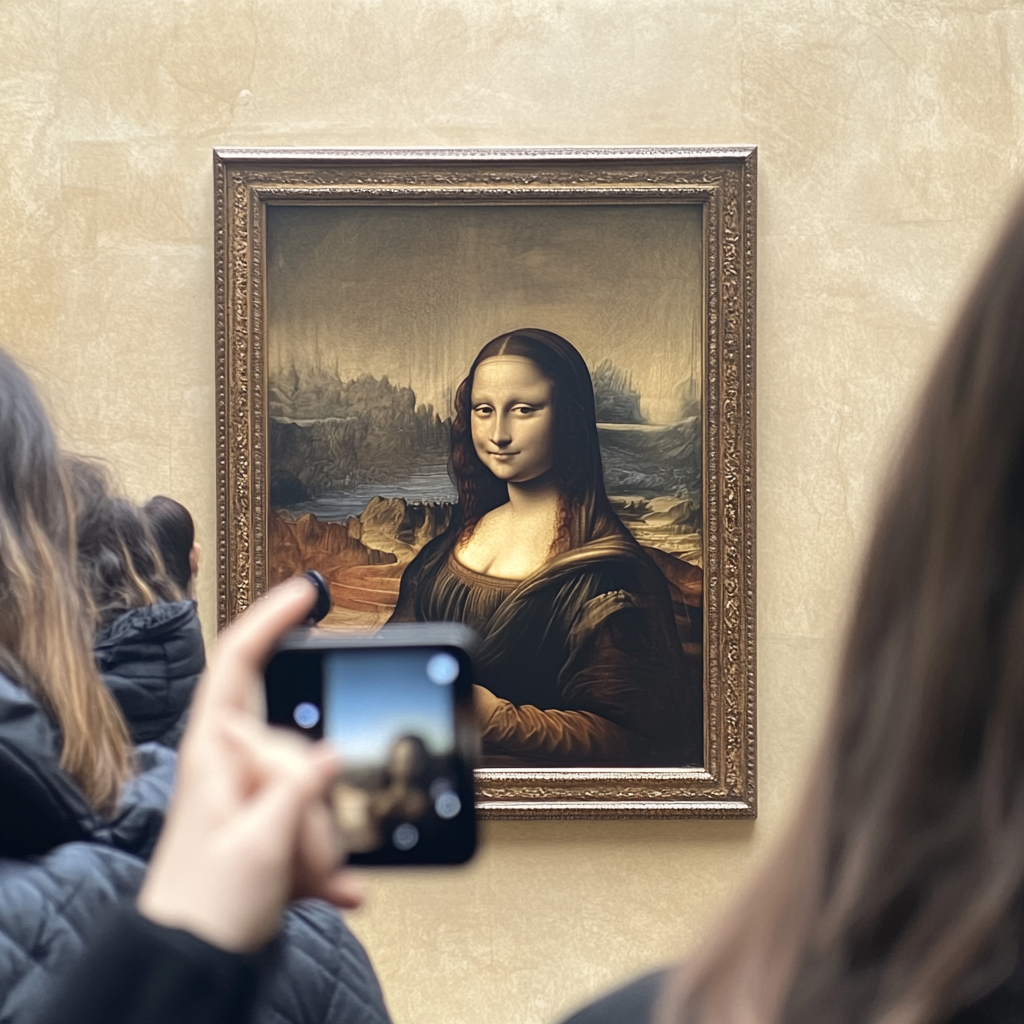 Mona Lisa takes selfie with skewed phone.