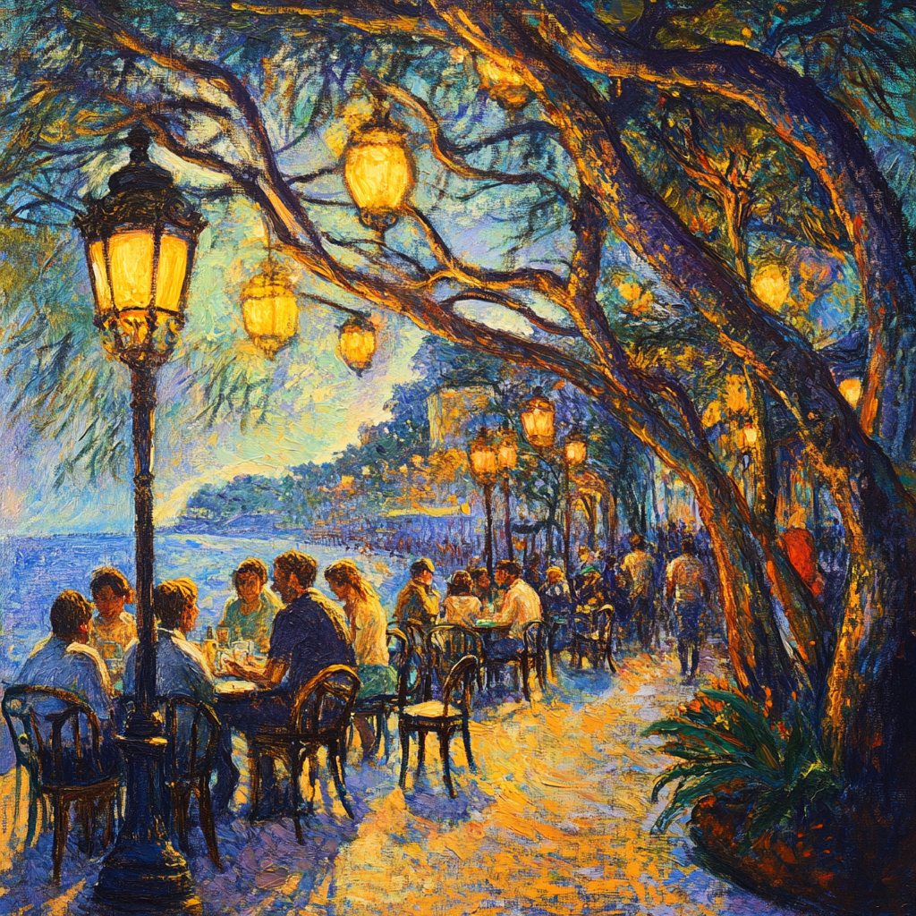 Monet painting of Copacabana scene with yellow lights.