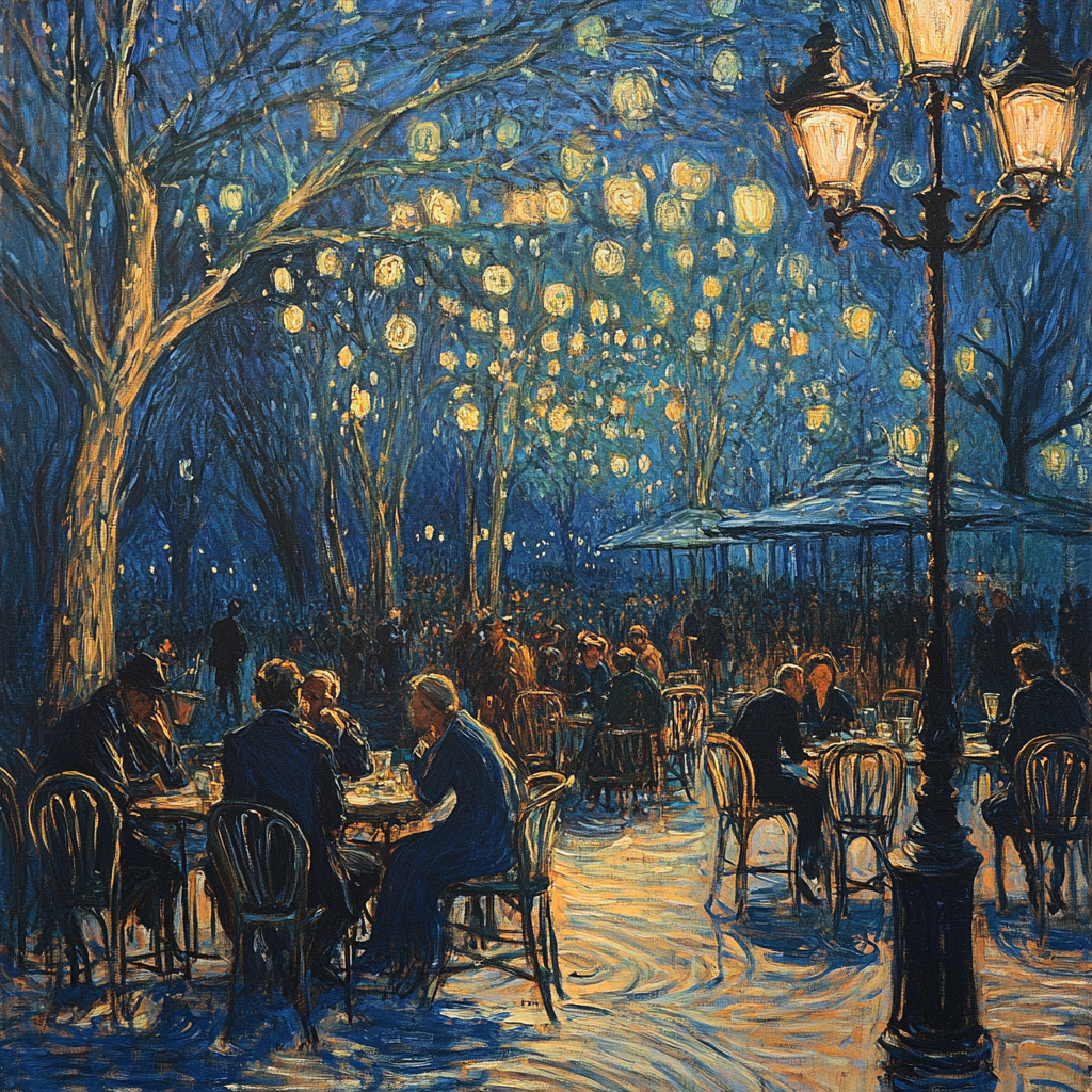 Monet painting: Paris cafe scene with holographic lamp posts.